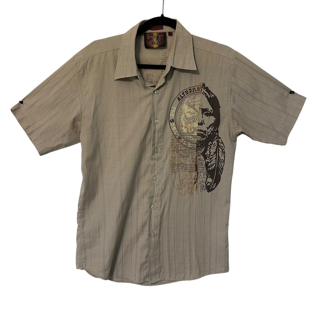 Franky‎ Max Mens Short Sleeve Button Up Shirt Graphic Print Tan Size M
